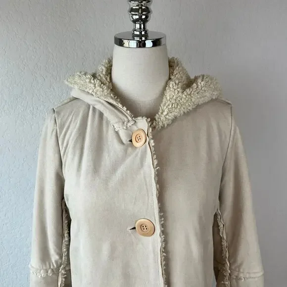 Vintage Y2K Faux Suede Faux Fur Sherpa Lined Jacket Button Up Hood size Medium - Picture 11 of 13